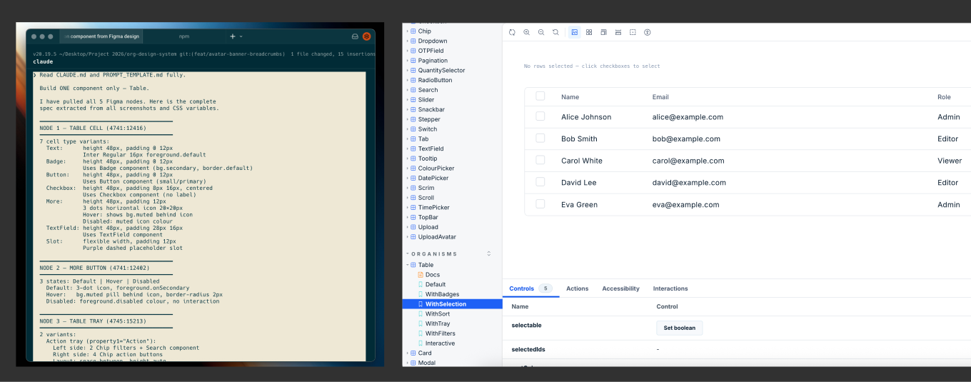 Claude Code terminal generating table component alongside users table in Storybook